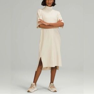 LULULEMON LA Funnel Neck Beige Off White T-Shirt Midi Dress Cotton Size 6 Cozy